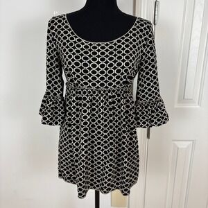 Studio M Black & White Geometric Print Babydoll Y2K Mini Dress Bell Sleeve Sz M